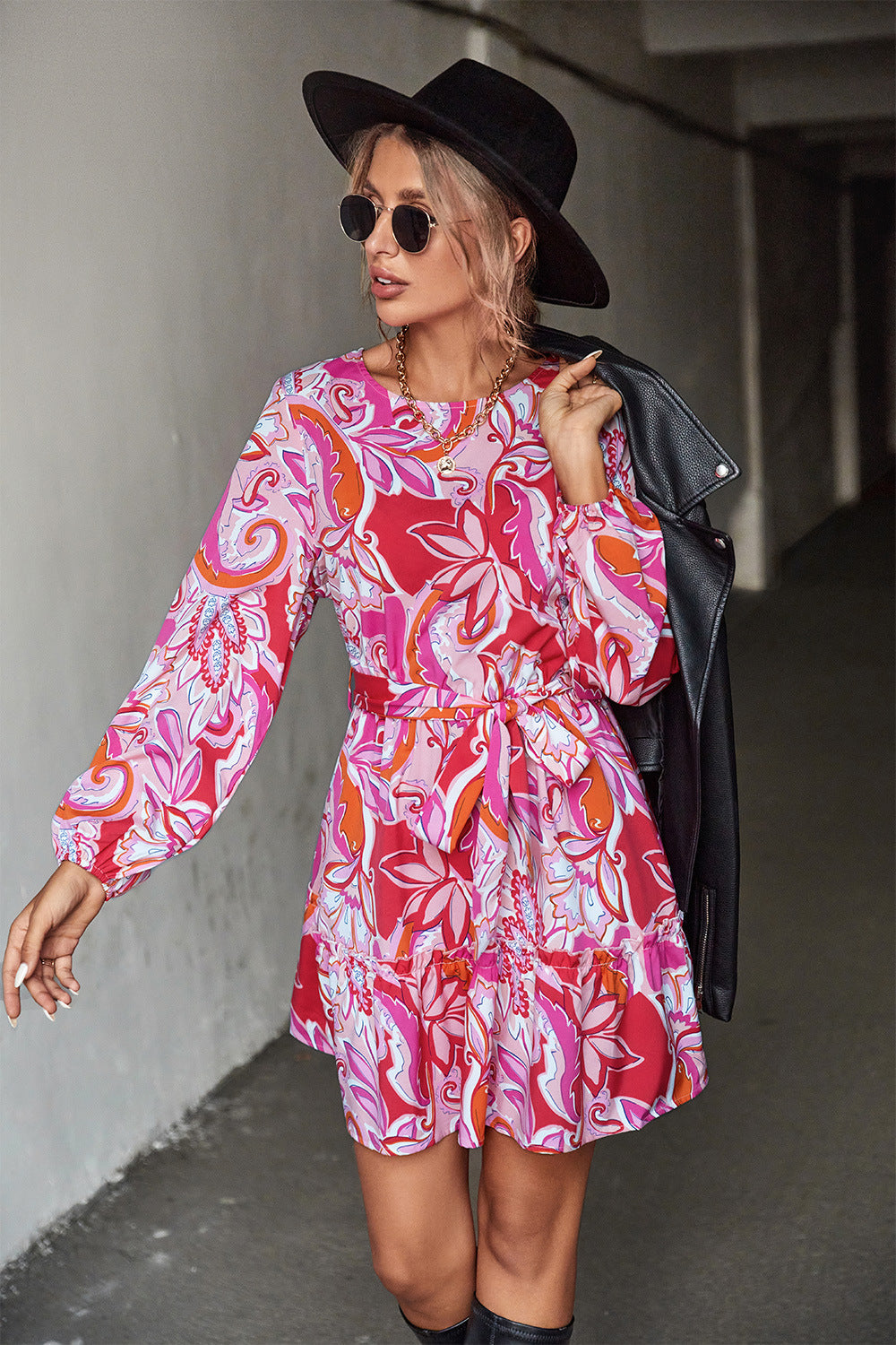 Damen Minikleid mit voluminösen Ärmeln und floralem Muster R&B