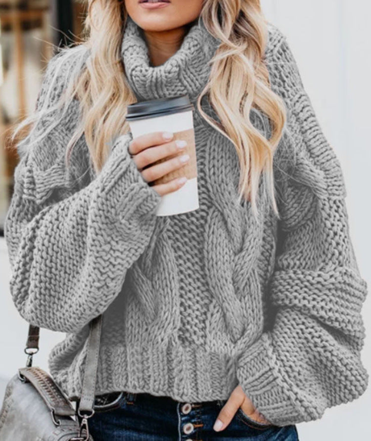 Damen Grobstrickpullover mit hohem Kragen und Zopfmuster R&B