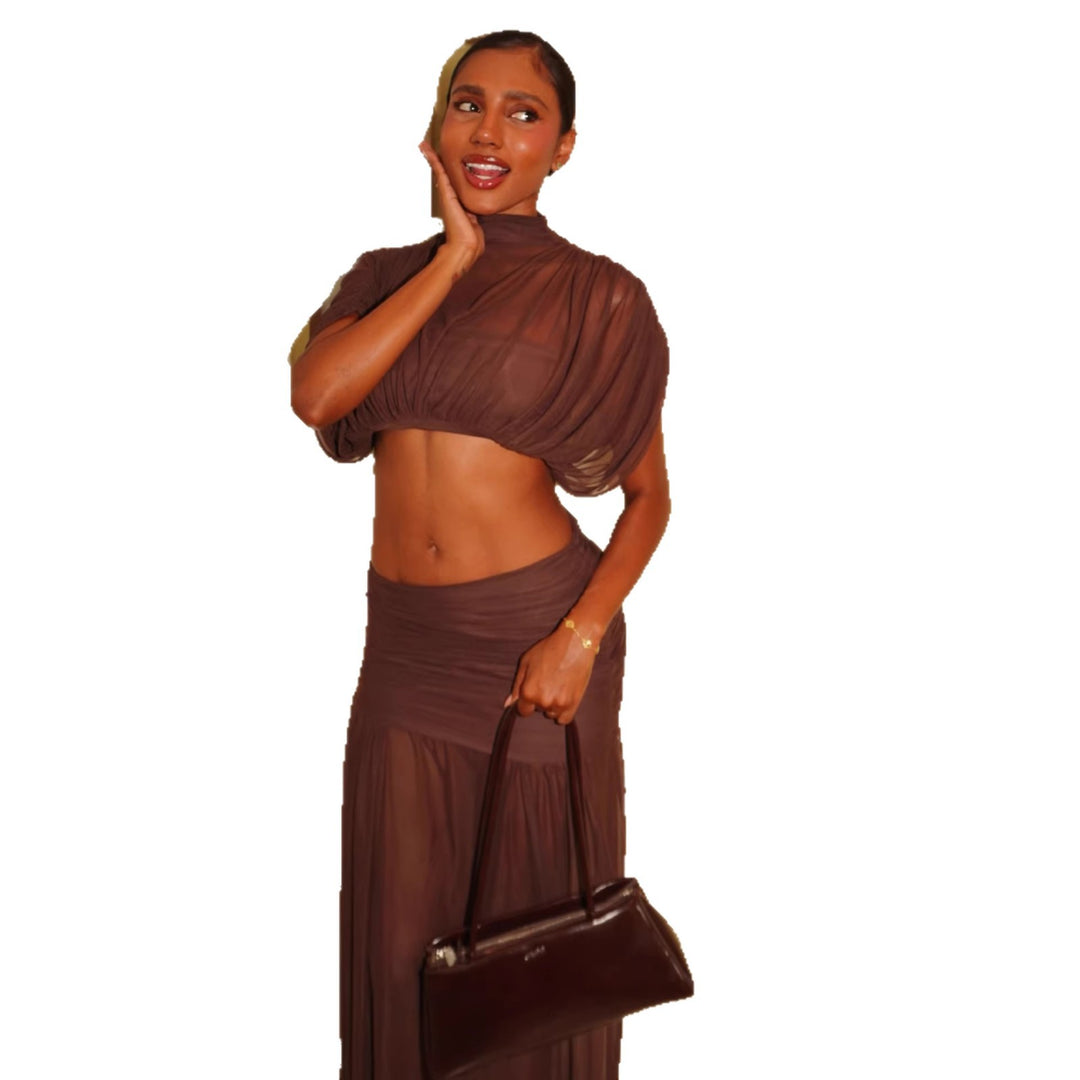 Damen Crop-Top und Maxi-Rock Set mit transparenten Elementen R&B
