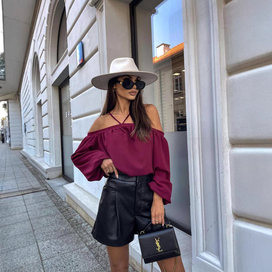 Damen Off-Shoulder Bluse mit elastischen Ärmelbündchen R&B