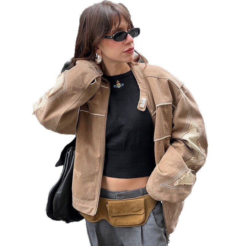 Damen Modische Jacke im Vintage-Stil mit kunstvollen Ziernähten und abgetragenem Effekt R&B