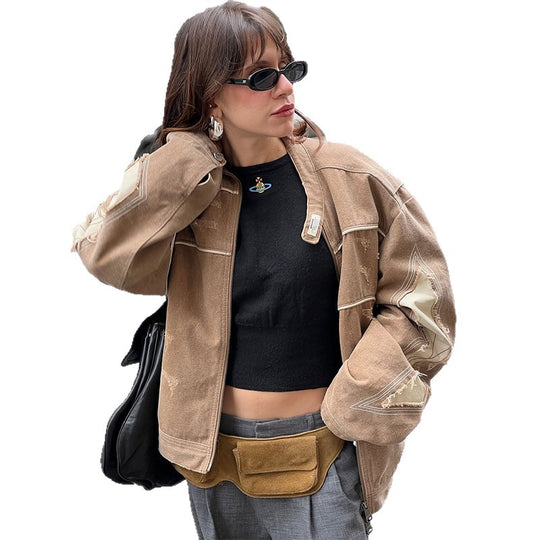 Damen Modische Jacke im Vintage-Stil mit kunstvollen Ziernähten und abgetragenem Effekt R&B