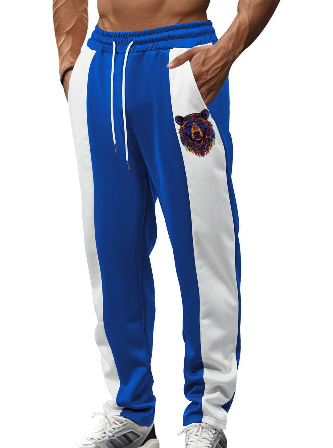 Herren nan sportive Trackpants mit seitlichen Kontrastbahnen elastischem Bund Kordelzug und Hirschstickerei R&B