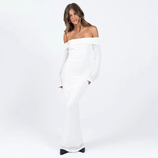 Damen Off-Shoulder Maxikleid mit langen Ärmeln und figurbetontem Schnitt R&B