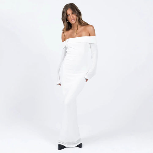 Damen Off-Shoulder Maxikleid mit langen Ärmeln und figurbetontem Schnitt R&B