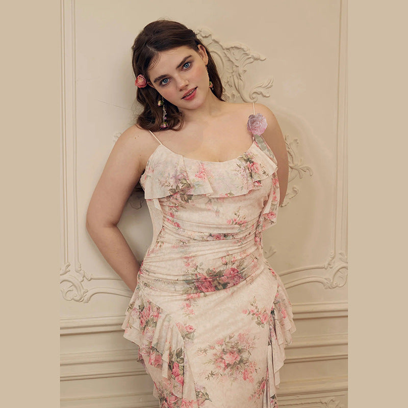 Damen Maxikleid mit floralem Rüschendesign und einem einseitigen Träger R&B
