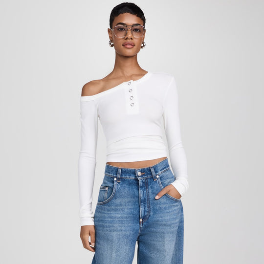 Damen asymmetrisches Langarmshirt mit Knopfleiste und figurbetontem Schnitt R&B