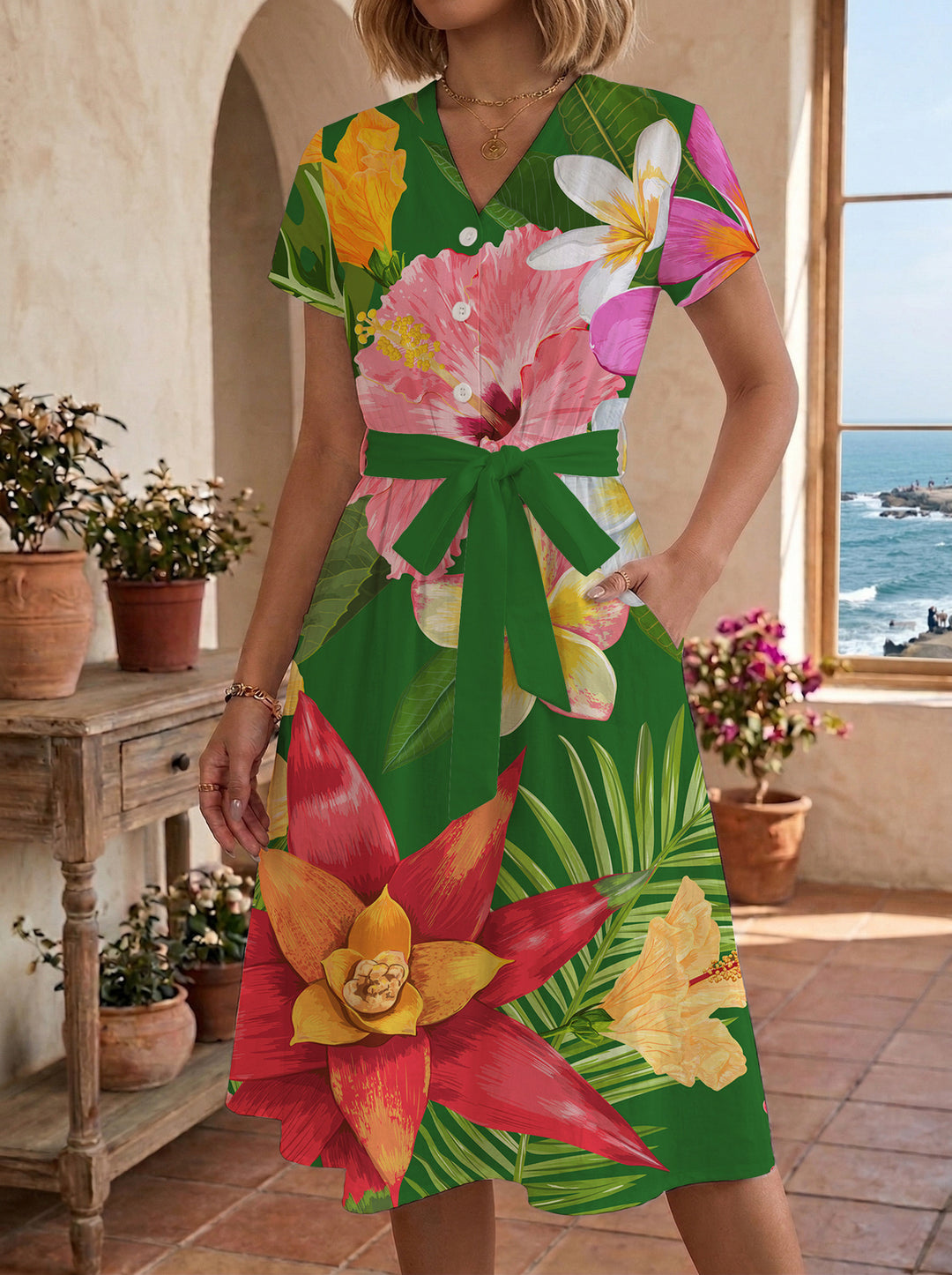 Damen Midikleid mit floralem Motiv und Taillengürtel R&B