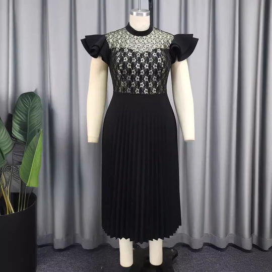 Damen Elegantes Plisseekleid mit floralem Spitzenoberteil R&B