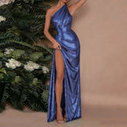 Damen Elegantes Maxikleid mit asymmetrischem Schnitt und glänzender Oberfläche R&B
