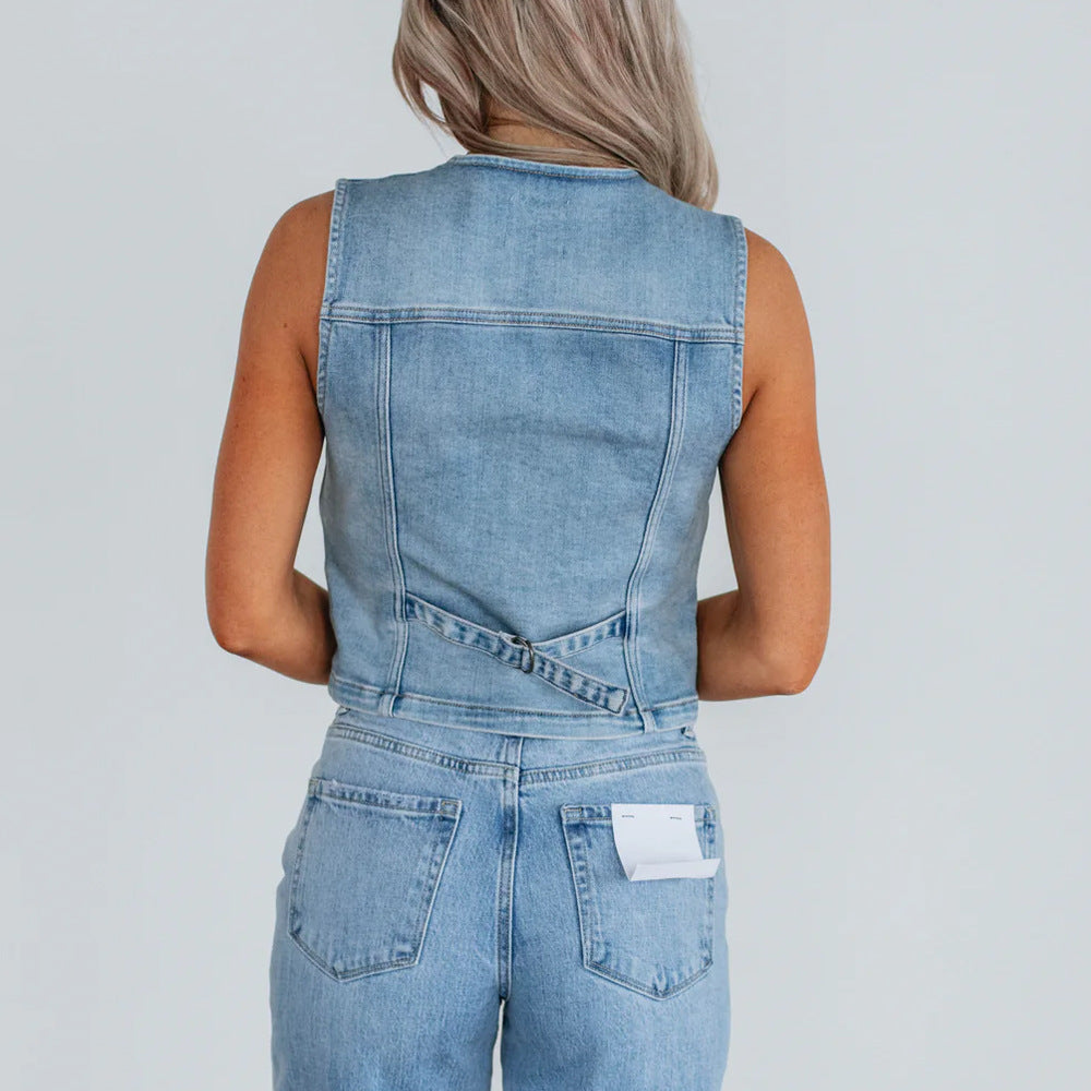 Damen Denim Weste mit Knopfleiste und modernen Schnittrahmen R&B