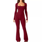 Damen Eleganter Langarm-Jumpsuit mit weitem Bein und tiefem Ausschnitt R&B