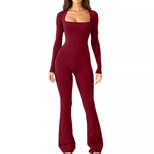 Damen Eleganter Langarm-Jumpsuit mit weitem Bein und tiefem Ausschnitt R&B