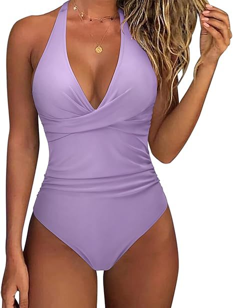 Damen Hochtaillierter Badeanzug mit tiefem V-Ausschnitt und floralem Design R&B