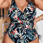 Damen Einteiler Badeanzug mit floralem Wickeldesign und figurformenden Raffungen R&B