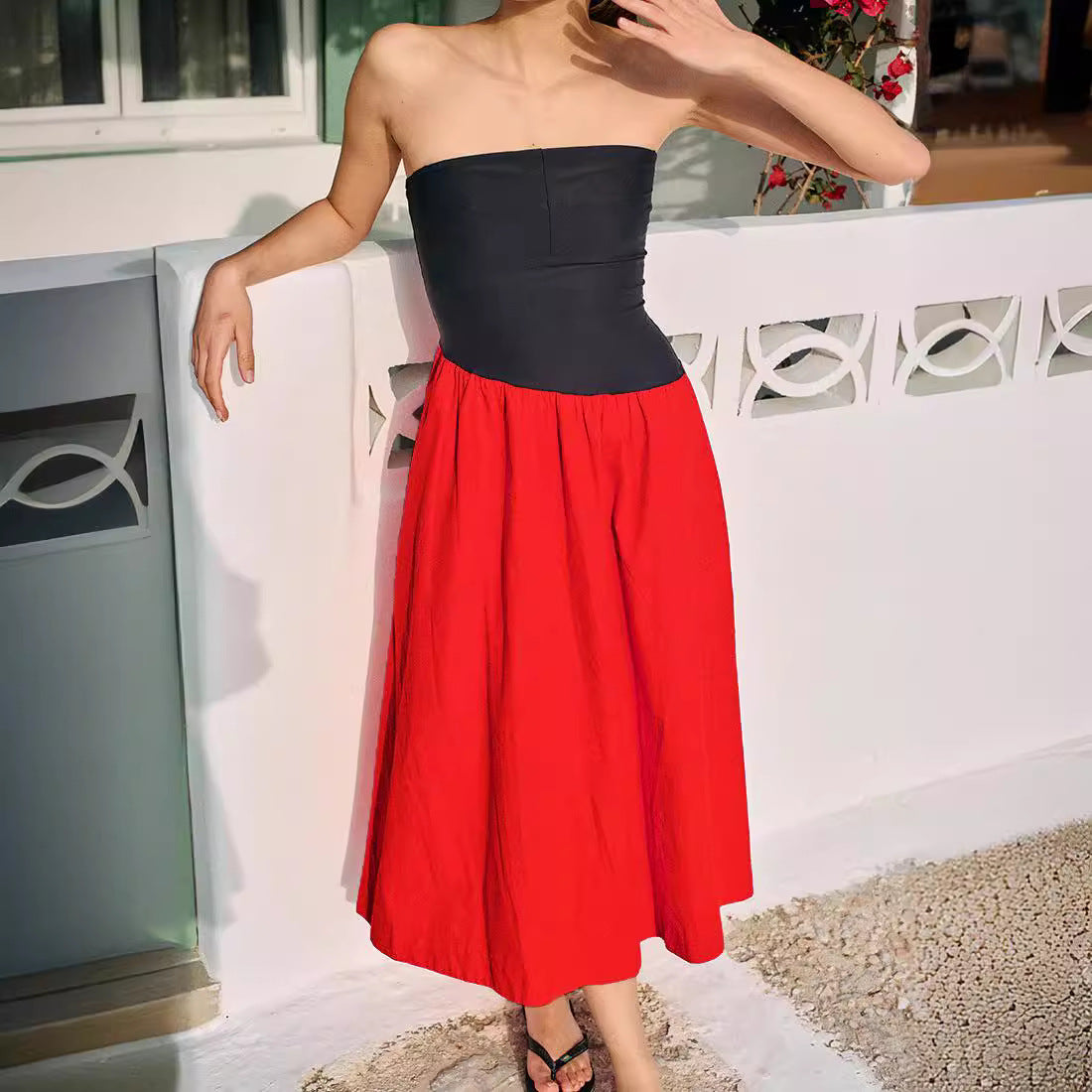Damen ärmelloses Maxi-Kleid mit hochwertigem Oberteil und voluminösem Rock R&B