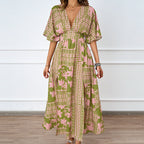 Damen Maxikleid im Boho-Stil mit tiefem V-Ausschnitt und seitlichem Schlitz R&B