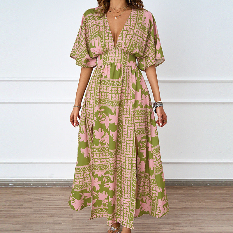 Damen Maxikleid im Boho-Stil mit tiefem V-Ausschnitt und seitlichem Schlitz R&B