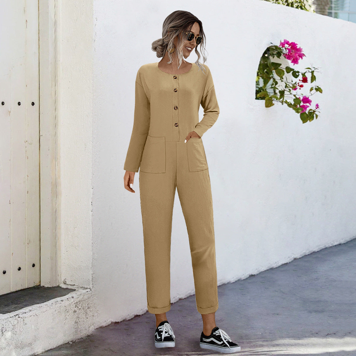 Damen lässiger Jumpsuit mit praktischen Taschen und elegantem Knopfdesign R&B