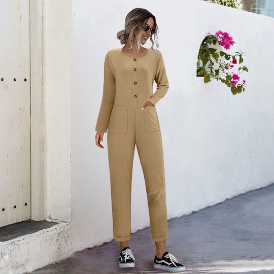 Damen lässiger Jumpsuit mit praktischen Taschen und elegantem Knopfdesign R&B