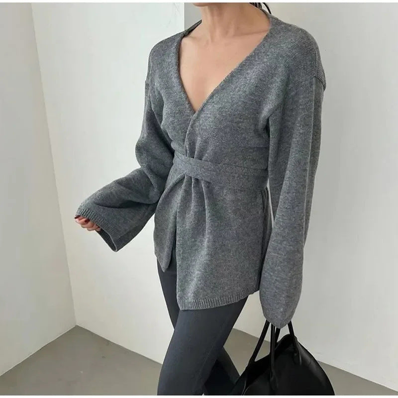 Damen Eleganter Strickmantel mit Wickeldesign R&B
