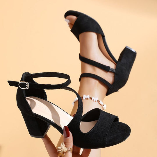 Damen elegante Sandalen mit geschwungenem Riemendesign und blockiertem Absatz R&B