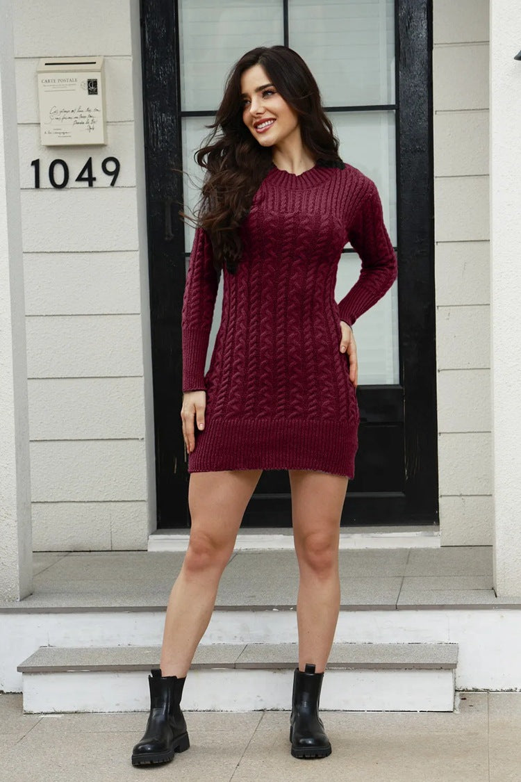 Damen Strickkleid mit strukturiertem Zopfdesign und elegantem Rundhalsausschnitt R&B