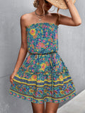 Damen Schulterfreies Minikleid mit buntem Blumenmuster und elastischem Taillenbund R&B