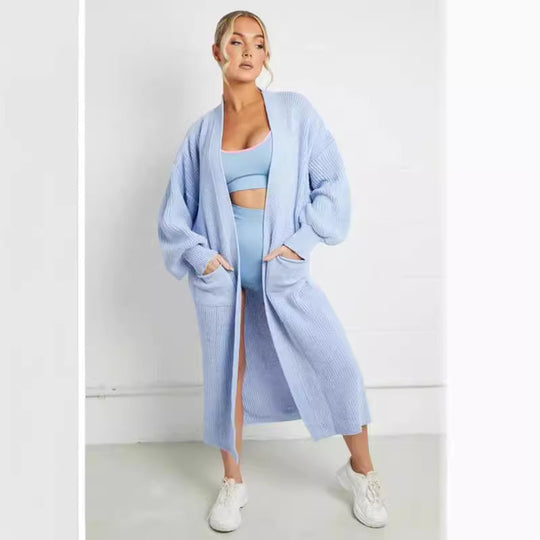 Damen Langer Strickmantel mit großzügigen Taschen R&B