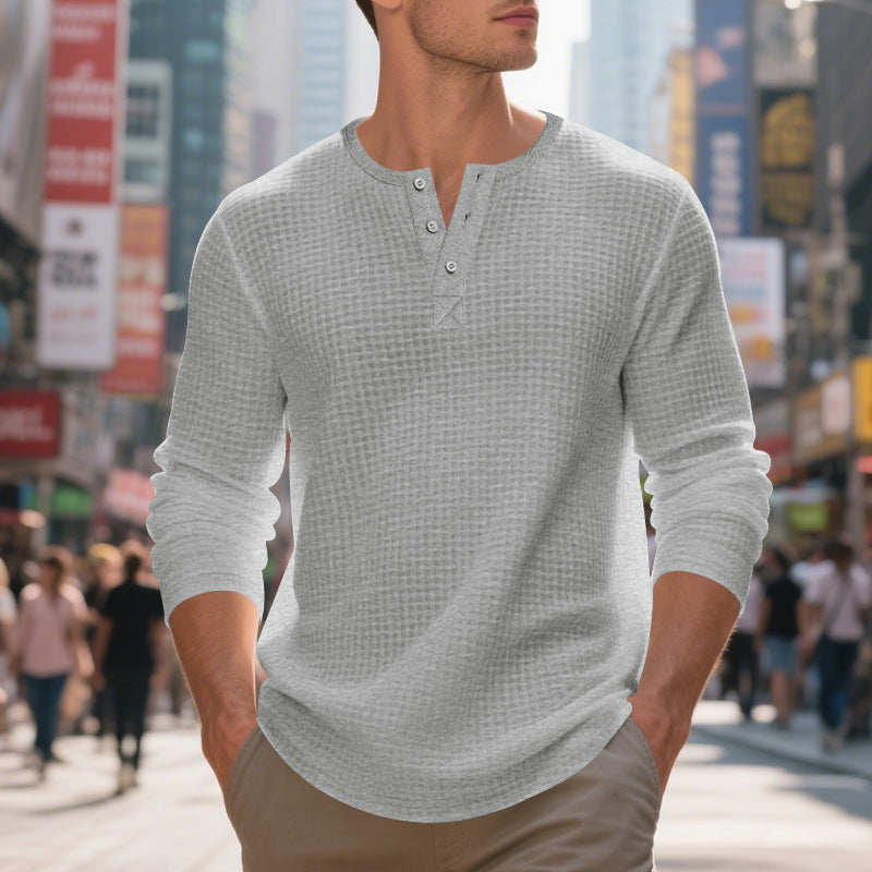 Herren nan thermoregulierendes Waffel-Thermalshirt mit Kurzknopfleiste und gerundetem Saum R&B