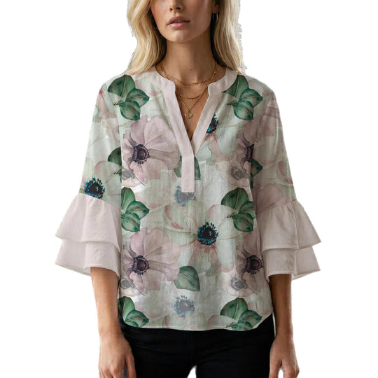 Damen Bluse mit voluminösen Ärmeln und floralem Design R&B