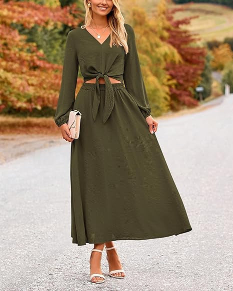 Damen Binde-Kleid mit langen Ärmeln und Rundhalsausschnitt R&B