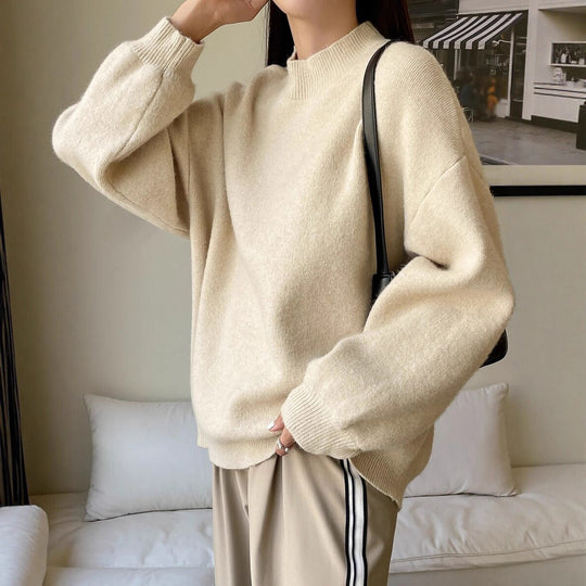 Damen oversized Strickpullover mit Rundhalsausschnitt und breiten Ärmeln R&B