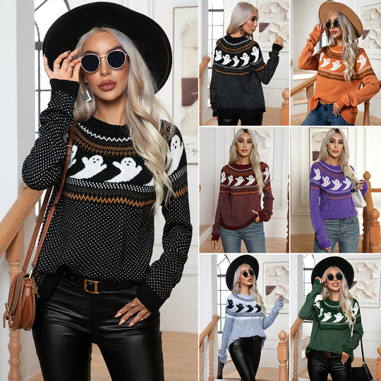 Damen Halloween Pullover mit Geistermotiv und luftiger Struktur R&B