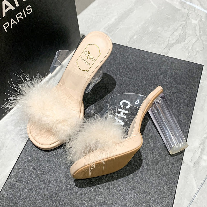 Damen elegante Mules mit transparentem Blockabsatz und feiner Fellverzierung R&B