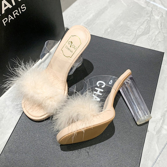 Damen elegante Mules mit transparentem Blockabsatz und feiner Fellverzierung R&B