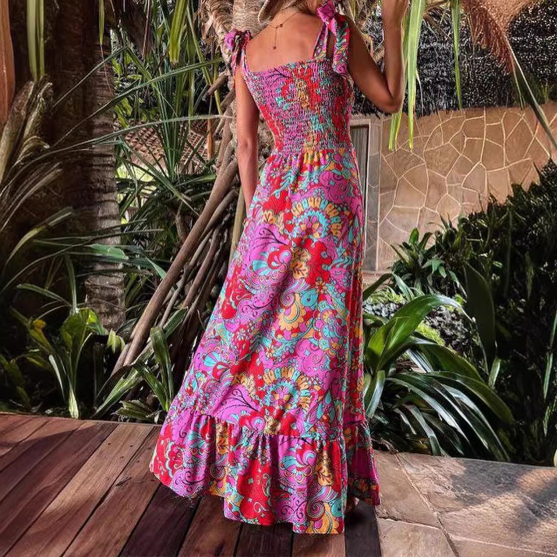 Damen Maxikleid mit floralen Details und Spaghetti-Trägern R&B