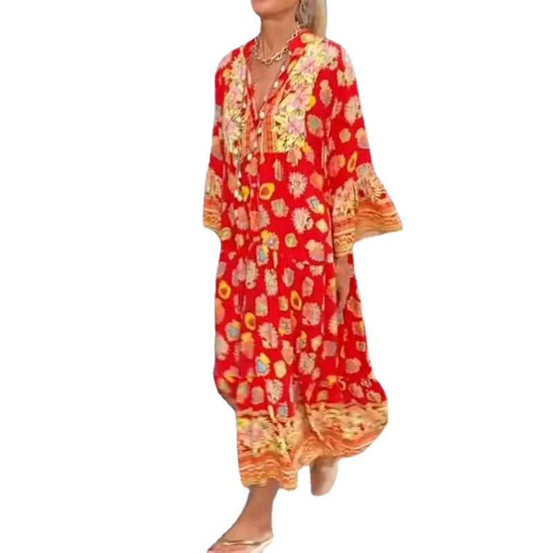 Damen Tunika-Kleid mit fließenden Ärmeln und bunten Mustern Heidi-Mode