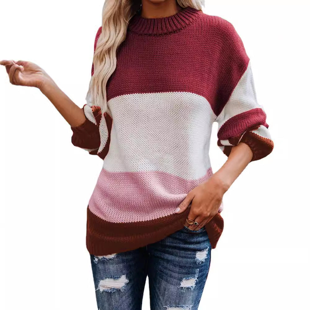 Damen lässiger Strickpullover mit modischem Farbblockdesign R&B
