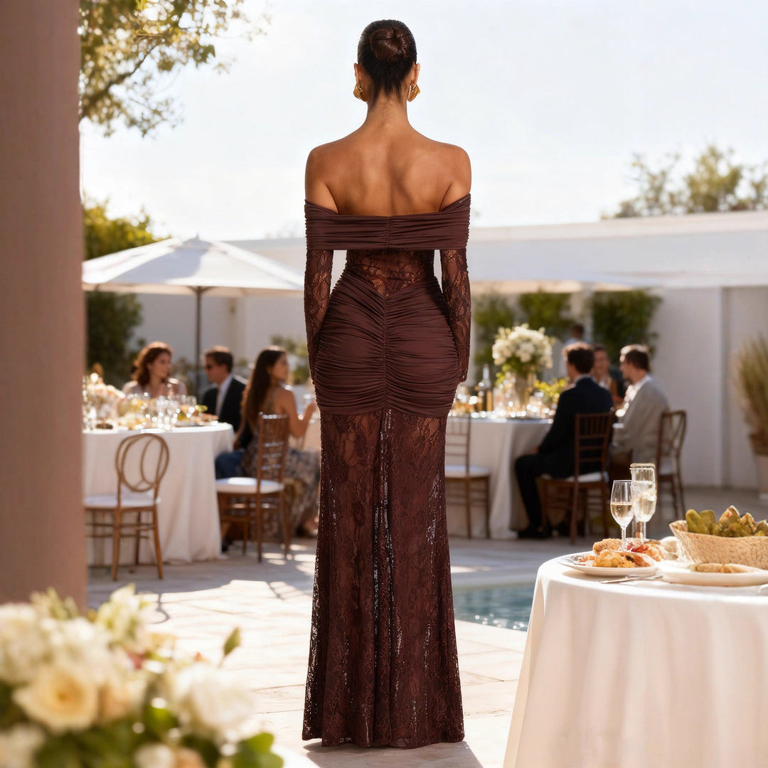 Damen Elegantes Spitzen Abendkleid mit schulterfreier Silhouette und raffinierten Rüschendetails R&B