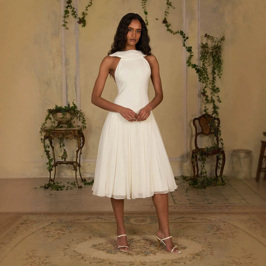 Damen Elegantes Midikleid mit schulterfreiem Design und fließendem Rock R&B