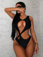 Damen Cut-Out Einteiler Badeanzug mit modischen Riemen
