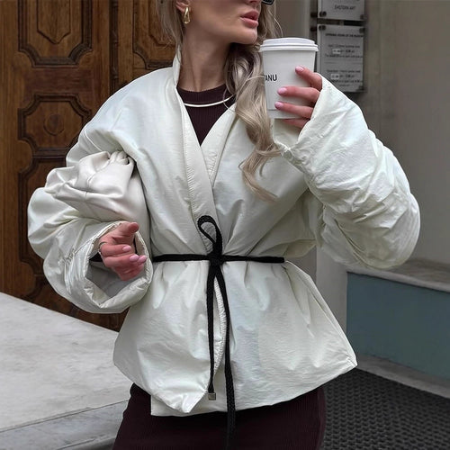 Damen lässige kurz geschnittene Jacke mit Taillengürtel und voluminösen Ärmeln R&B