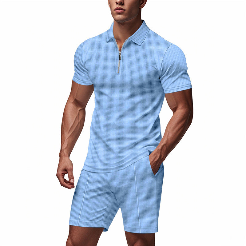 Herren Sportliches Kurzarm-Set mit teils strukturiertem Design und durchgehendem Reißverschluss R&B
