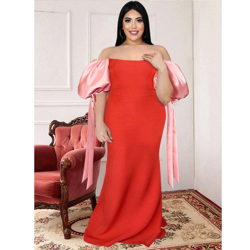 Damen Maxikleid mit schulterfreiem Design und voluminösen Satinärmel R&B