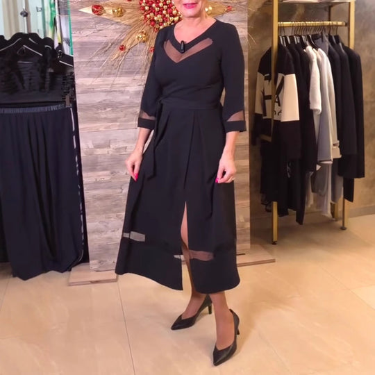 Damen Fließendes Maxikleid mit transparenten Akzenten und Taillengürtel Heidi-Mode