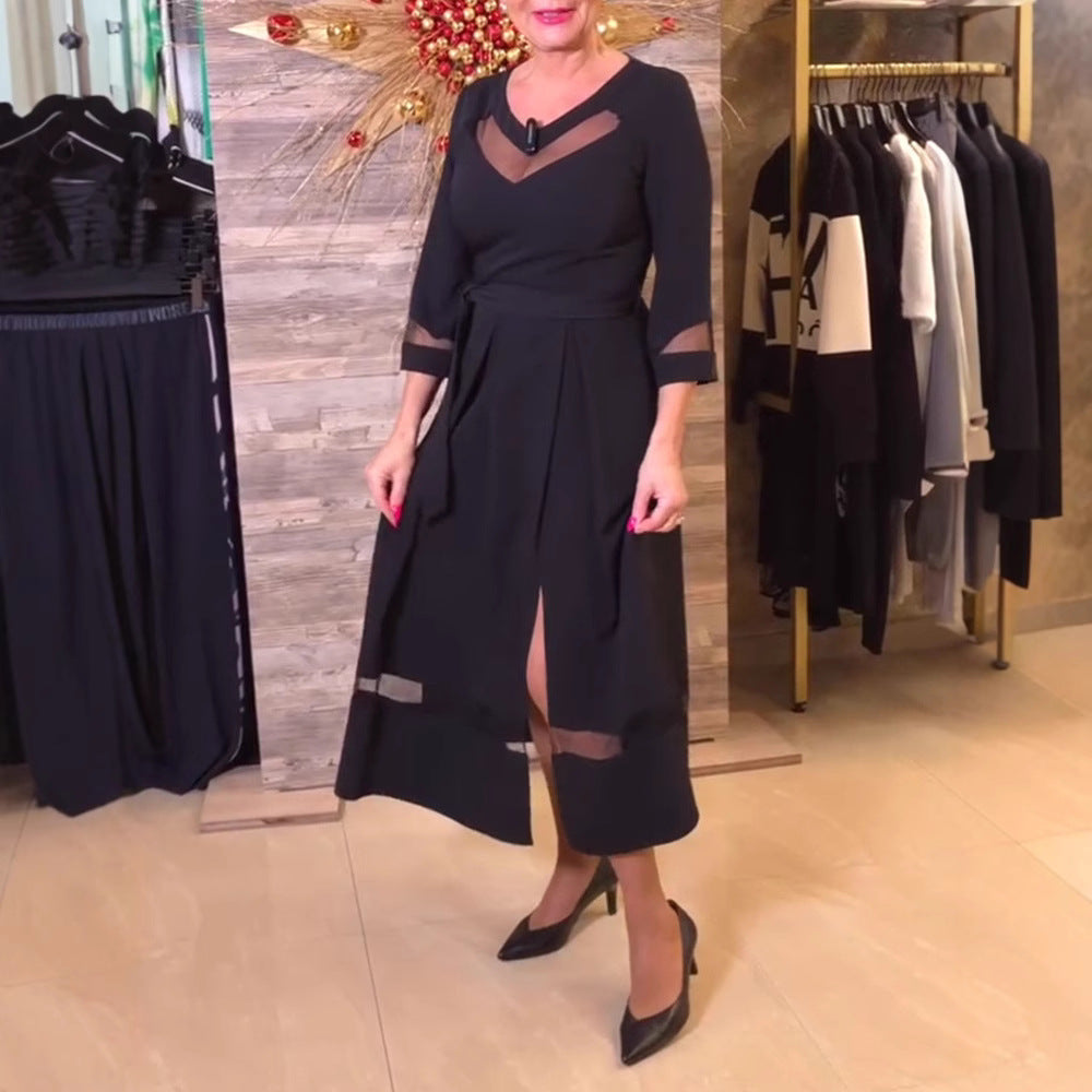 Damen nan tailliertes Midikleid mit transparenten Mesh‑Einsätzen, Bindegürtel und feminine A‑Linien R&B