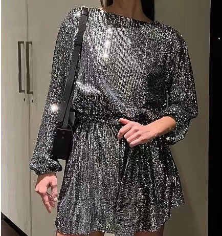 Damen Glamouröses Cocktailkleid mit funkelnden Lurex-Fäden und elastischem Taillengürtel R&B