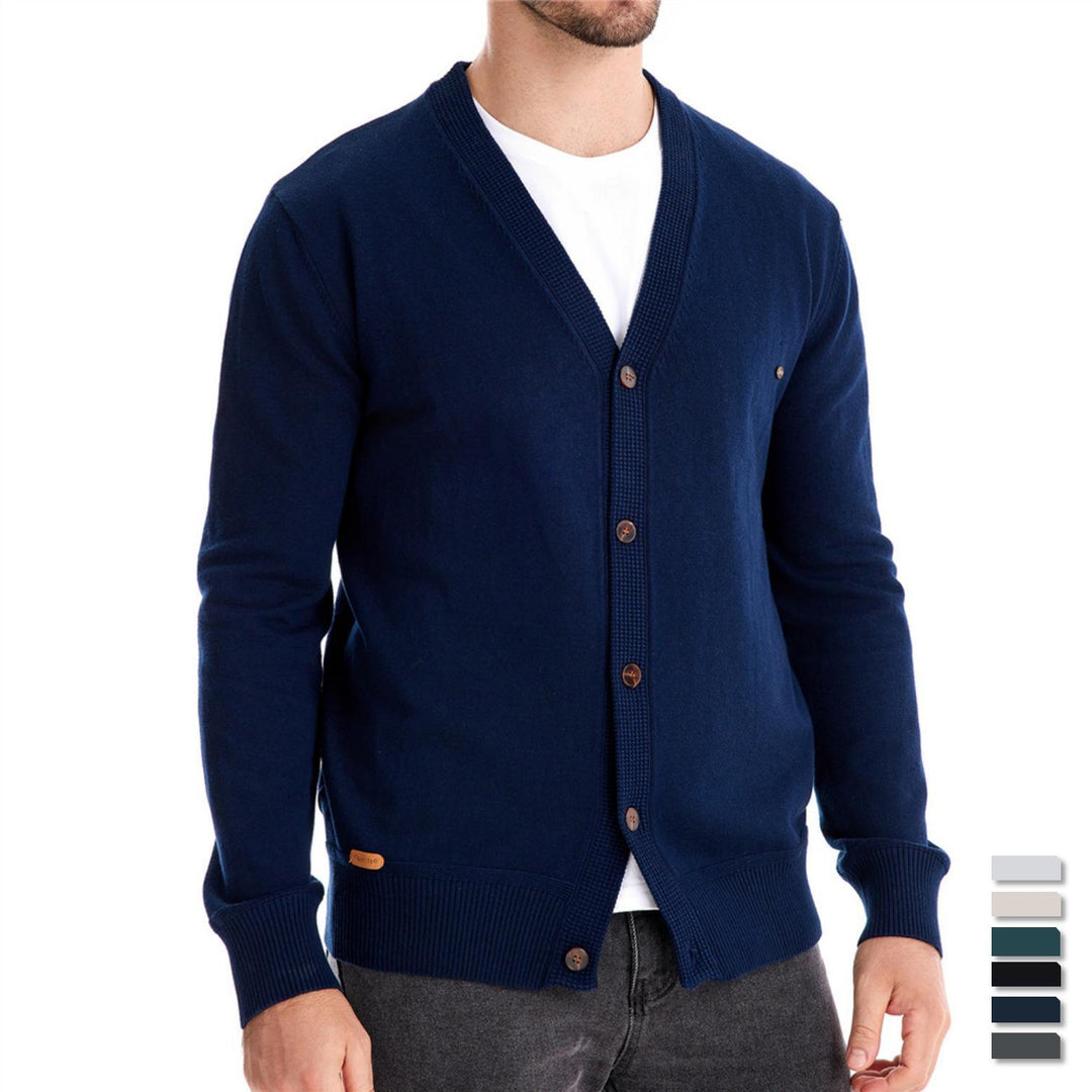 Herren Strickjacke mit V-Ausschnitt und modischen Holzknöpfen R&B