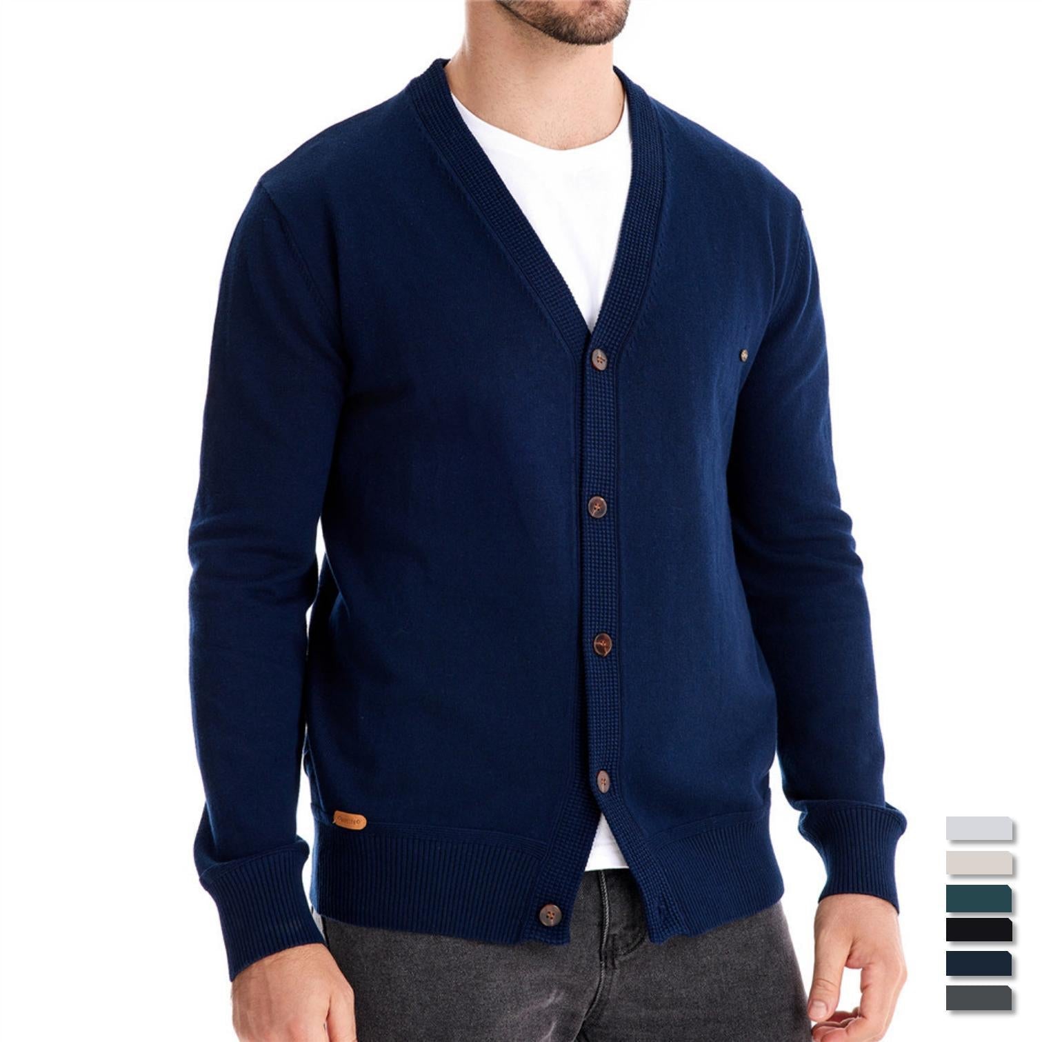 Herren Strickjacke mit V-Ausschnitt und modischen Holzknöpfen